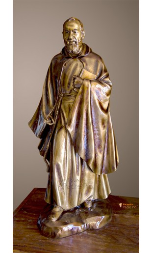 Statua Padre Pio con mantello, 85cm effetto bronzo.